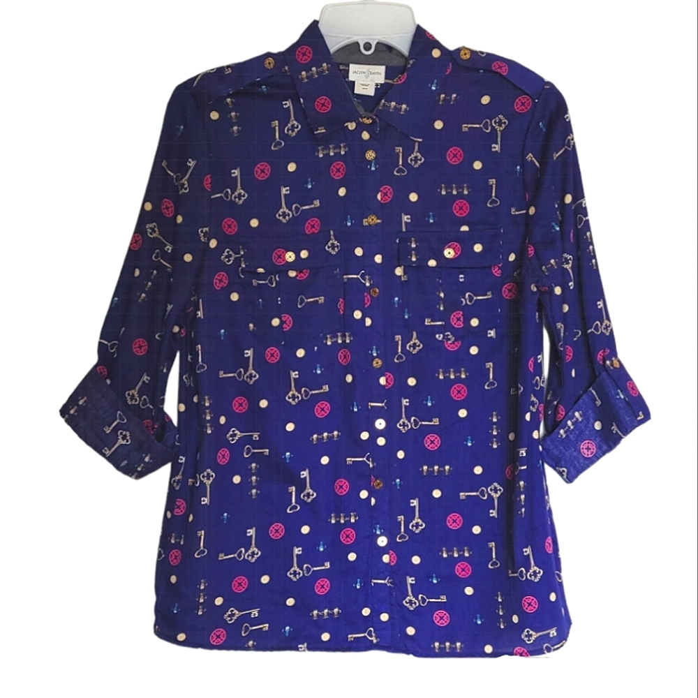 Jaclyn Smith Blue Key Pattern Two Pocket Roll Tab Long Sleeve Button Up …